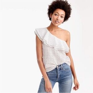 J. Crew White and Pink One-Shoulder Blouse